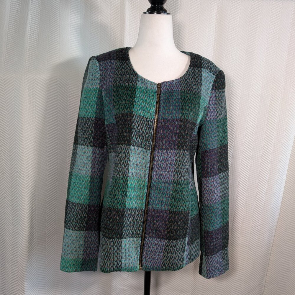 Katies Multicolor Plaid Zip‑Front Blazer Jacket Size 10 Soft Fleece Flannel Feel